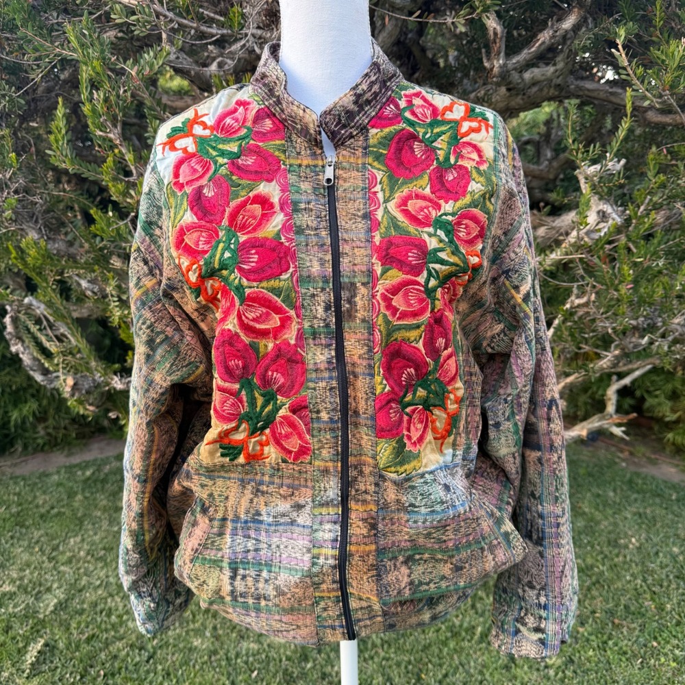 Guatemalan Unique Embroidered Bomber Jacket Floral Print Vintage Style Outerwear